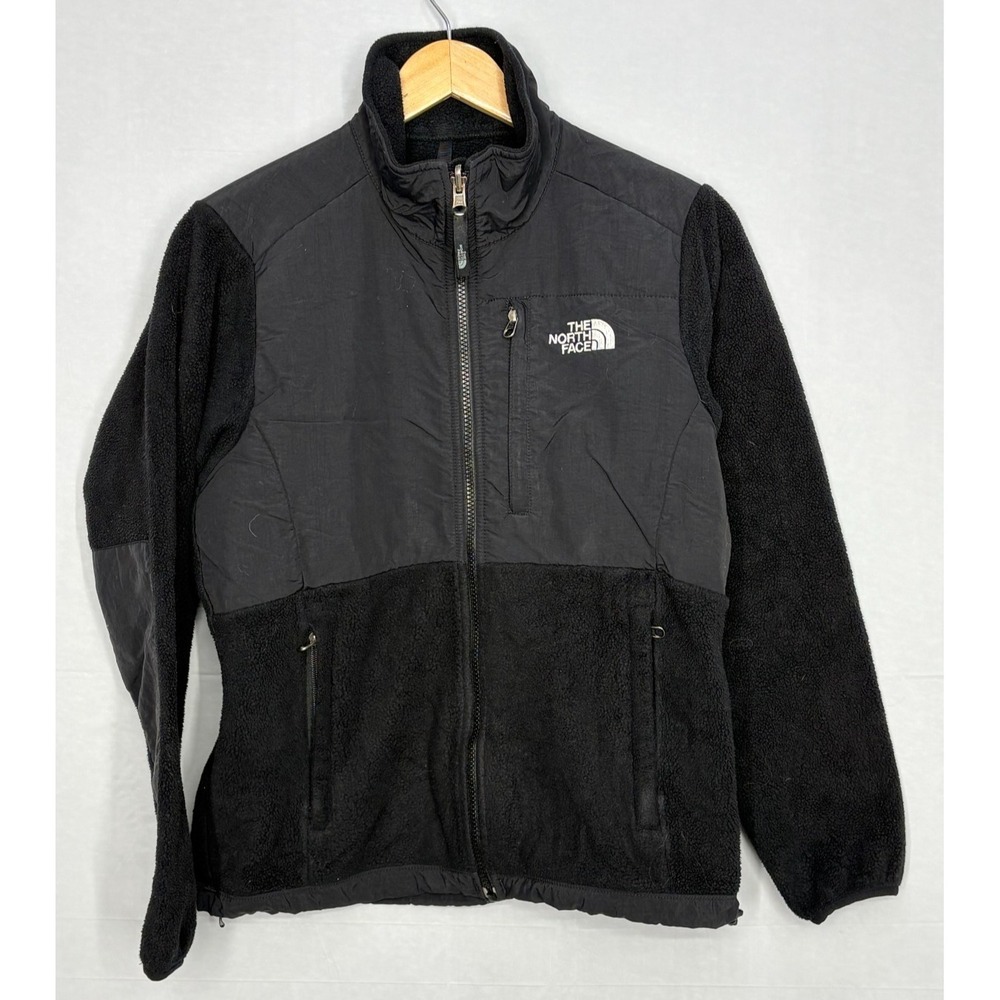 North Face Denali Fleece Jacket Womens Black Gray Logo Zipper Pockets Small‎